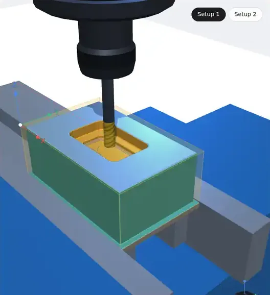 MEK-DEMO-07 held in the vise in MEKLYRA’s simulation, the pocket being roughed